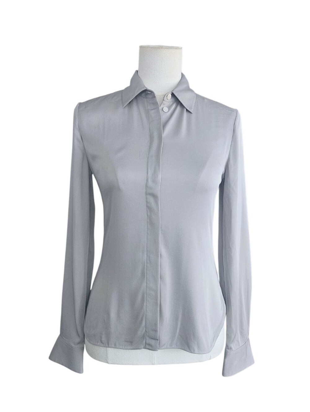 Theory Stretch Silk Light Gray Button-Down Long Sleeve Blouse Size P